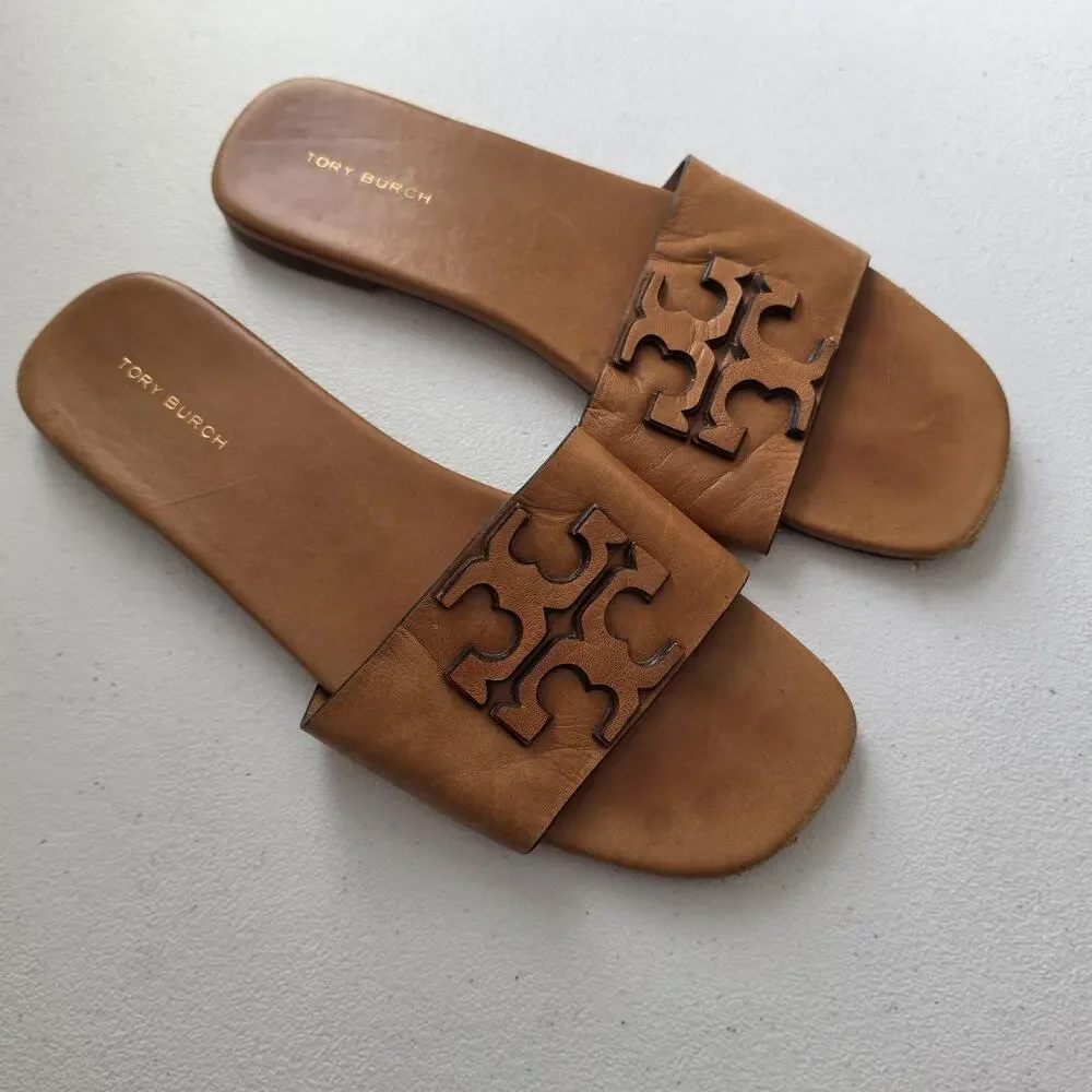 Tory Burch Sandals Womens Size 7.5 Brown Leather Slide Logo Slip On Flat